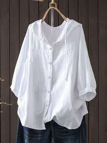 SHEIN Plus Size Women's Solid Color Fashion Casual Hooded Shirt - White - View 1