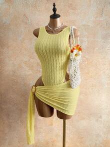 Mistrie Ensemble 2 pièces pour femme avec body sans manches à volants et jupe courte boutonnée - Jaune clair - Voir 8