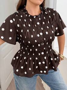 Levarali Plus Size Women's Brown Pattern Short Sleeve Pleated Casual Elegant Cute Shirt Holiday Summer Brunch Formal Birthday - Brown - View 4