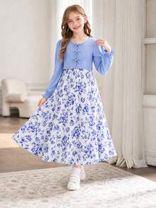 SHEIN 2pcs/Set Girls' Spring/Autumn Casual Rib-Knit Bow Decor Open Front Cardigan Top And Printed Camisole Simple Dress - Blue - View 4