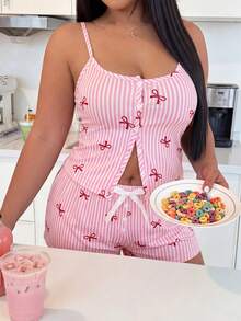 ZzzCrew Conjunto de pijama de talla grande con camisola y shorts ajustados, estampado de rayas, decoración de botones y lazo - Multicolor - Ver 6