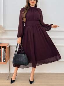 Comfylo Plus Size Elegant Commuter Solid Color Lantern Sleeve Dress Fall - Chocolate Brown - View 8