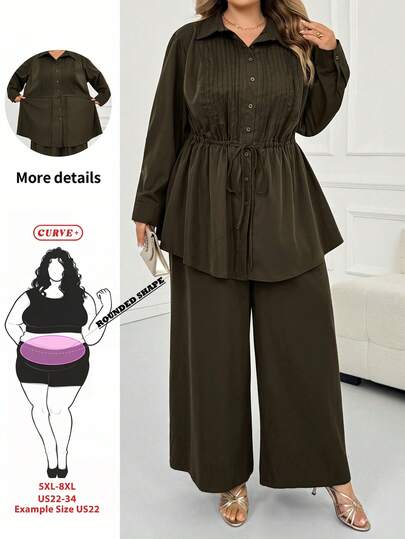 SHEIN CURVE+ 大尺碼素色長袖上衣與長褲兩件套