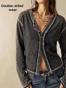 Bohemela Casual Solid Color Knit Long Sleeve Women's Top - Black - View 2