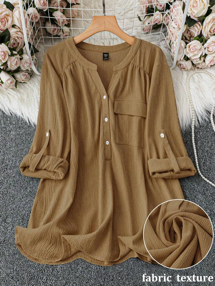 SHEIN Clasi Plus Size Women's Solid Color Notch V-Neck Casual Versatile Daily Outing Shirt Fall - Khaki - View 1