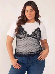 SHEIN BASICS Plus Size Colorblock Lace Patchwork 2 In 1 T-Shirt Date Night Party Rodeo Office Evening Going Out Gym White Black Summer Elegant Cute Sexy Tea Party - Multicolor - View 3