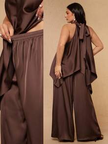 SHEIN BAE CURVE Plus Size Women's Brown  Satin 2-Piece Set,Summer  Top&Wide Leg Pants Suit,Party Wedding Guest Attire,Old Money French Style Outfits,Independence Day - Brown - View 2