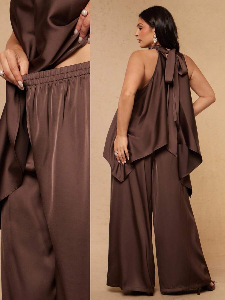 SHEIN BAE CURVE Plus Size Women's Brown  Satin 2-Piece Set,Summer  Top&Wide Leg Pants Suit,Party Wedding Guest Attire,Old Money French Style Outfits,Independence Day