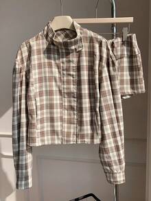 Comfortcana Women's Plaid Long Sleeve Jacket And Shorts Casual 2 Pieces Set - Khaki - View 6