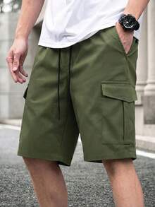 Manfinity CasualCool 男士素色抽繩腰時尚休閒短褲 - 軍綠色 - 查看 3