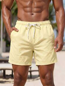 Manfinity KASUA Men's Solid Color Beach Shorts, Fashionable For Summer, Holiday - Yellow - View 3