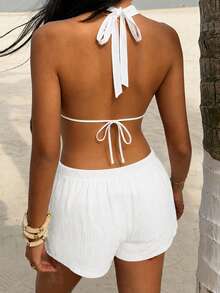 Sunnyshic White Textured Crinkled Fabric Shell Tassel Trim Deep V Halter Tie Backless Top Shorts 2 Pieces Set, Women's Summer Beach Vacation Stroll Tropical Boho - White - View 2