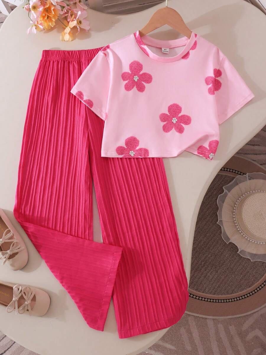 SHEIN Genkimix Kids 2件組女孩花卉滿版印花T恤與高腰紋理寬腿褲