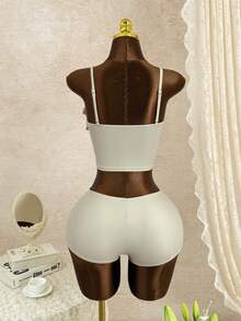 Bonvoyette Damen einfarbiges Stoff-Tanktop mit Blumenakzent, Bandeau-Bauchkontroll-Top und quadratische Shorts, 2 Stücke Badeanzug-Set für tägliche Strandpartys, lässige Urlaube, einfach und elegant - Khaki - Übersicht 2