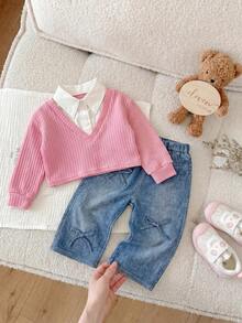 SHEIN Set Baju Atasan Lengan Panjang dan Celana Panjang Pinggang Elastis 2 in 1 Lucu untuk Bayi Perempuan - Berwarna merah muda - View 6