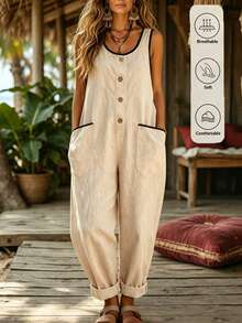 Zayélia Mono sin mangas con ribete de bloques de color, casual para vacaciones, nuevo para primavera/verano para mujer - Albaricoque - Ver 7