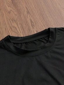 SWAVVY 男士夏季休閒寬鬆短袖標準尺寸圓領黑色正反面熱轉印印花T恤 - 黑色 - 查看 3