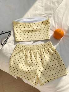 SHEIN EZwear 休閒簡約優雅通勤百搭保暖女裝通勤套裝海灘度假夏季兩件組奶油黃底黑波點抹胸上衣與短褲 - 彩色 - 查看 2