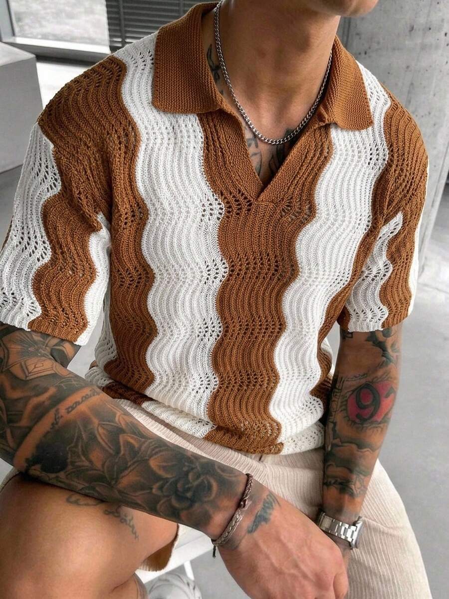 Manfinity Homme 春夏男款短袖半開襟波羅領波浪條紋撞色個性化襯衫 - 鏽棕色 - 查看 1