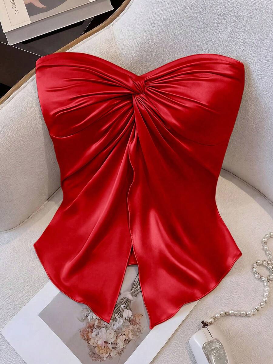 GlowEve Blus Satin Tanpa Tali dengan Detail Simpul untuk Wanita, Elegan untuk Sehari-hari, Liburan, Jalan-jalan, Pesta, Musim Semi/Panas, Warna Merah - Merah - View 1