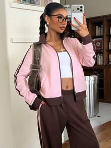 Muchica Women's Light Pink Brown Striped Jacket And Trousers Preppy Casual Style Tracksuit Travel Autumn - Multicolor - View 4