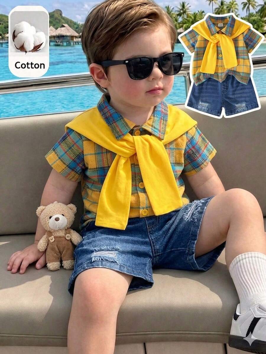 SHEIN Playful Pals 3件組男嬰夏季黃藍格紋休閒學院風彩色格紋短袖襯衫搭配牛仔短褲套裝，寬鬆舒適版型，適合日常出遊、學校活動、戶外玩耍、家庭聚會及拍照