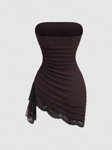 Sweetra Spring/Summer Women's Textured Contrast Lace Sexy Tailored Bandeau Dress Night Out Club Party Date Night Dark Brown Halloween - Coffee - View 2