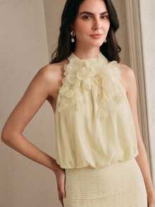Anewsta Spring/Summer New Holiday Party Sleeveless Detachable Floral Decor Cinched Waist Ruffle Hem Romantic Elegant Maxi Dress For Women - Apricot - View 3