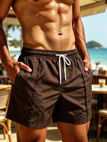 Manfinity KASUA Men's Plus Size Solid Color Drawstring Waist Casual Vacation Beach Shorts - Coffee Brown - View 3