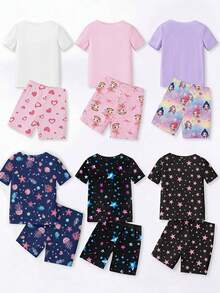 [Random Assortment]Young Girls Pajamas Spring/Summer New Fashion Cute Girls.Rabbit.Mermaid.Cat.Bow Combination Hot-Selling Pattern Print, Knitted Tight Fit High Elastic Fabric Short Sleeve Shorts Pajama Set Tight Fit Pajama (Random Shipment) - Multicolor - View 2