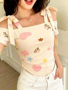 INAWLY Women's Summer Street Wear 2000s Y2k Cute Print Off-The-Shoulder Triangle Hem Top Bow Strap Everyday Vacation Daytime Knit Short-Sleeve T-Shirt Beige - Apricot - View 1