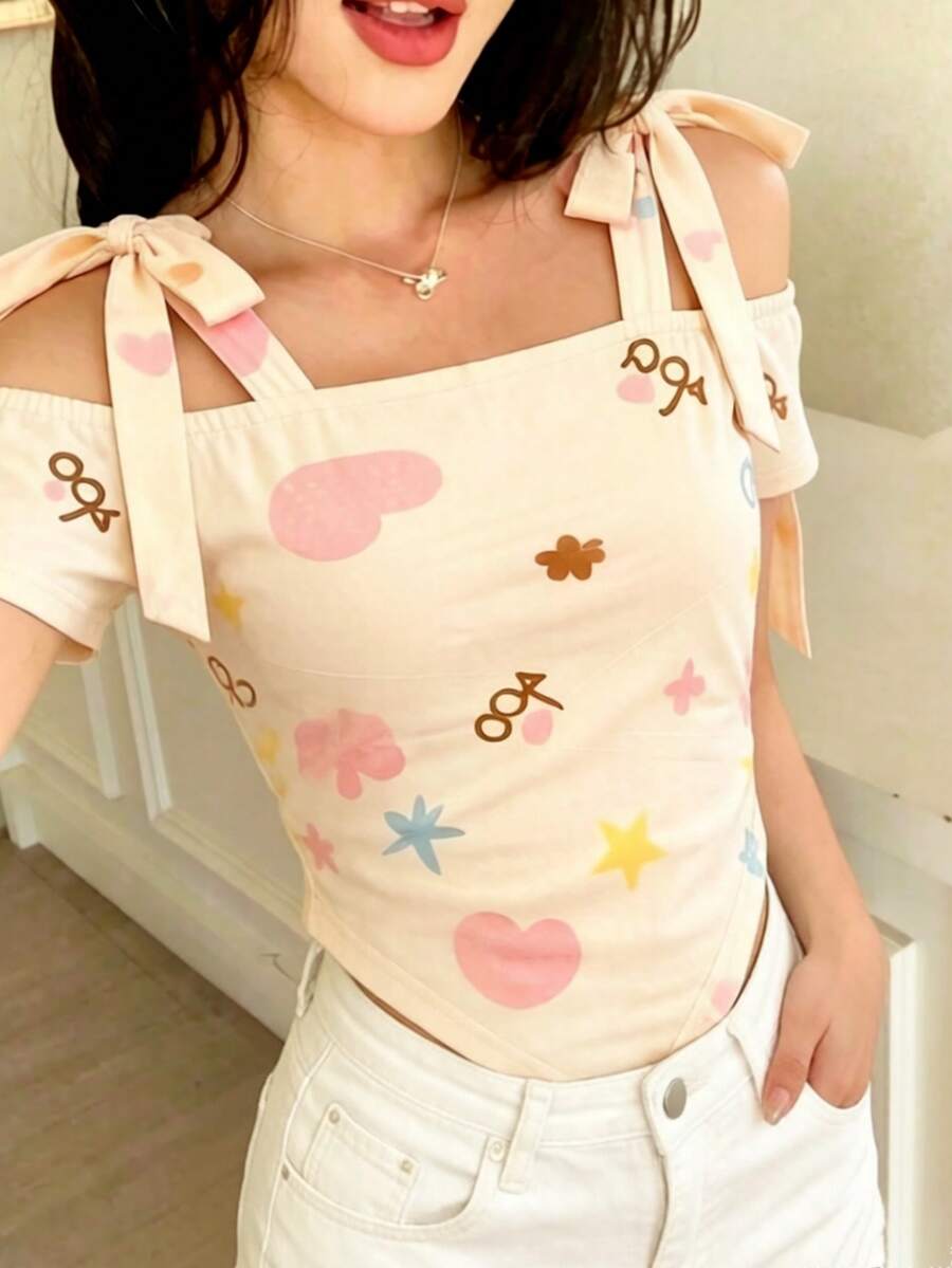 INAWLY Women's Summer Street Wear 2000s Y2k Cute Print Off-The-Shoulder Triangle Hem Top Bow Strap Everyday Vacation Daytime Knit Short-Sleeve T-Shirt Beige - Apricot - View 1