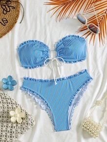 Swim Mod 女款海灘條紋圖案波浪邊可愛度假比基尼套裝 - 藍白色 - 查看 3