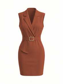 SHEIN LUNE Spring/Summer Rusty Orange Lapel Collar Sleeveless Metal Buckle Belt Cinched Waist Slim Fit Bodycon Short V-Neck Women's Dress Teachers' Day Night - Redwood - View 4