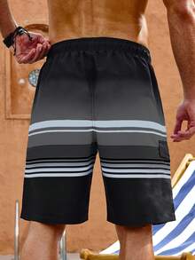 Manfinity KASUA Pantalones cortos casuales de playa para vacaciones con cintura de cordón y bloques de color para hombres de talla grande - Negro - Ver 2