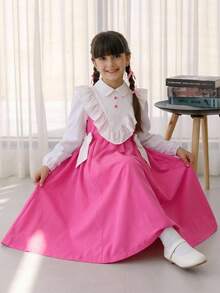 Tween Girl Back To School Dress KIDS Tween Girls Pink Dress, Essential For School Season, Casual Preppy Style, Long Sleeve, Color Block, Exaggerated Ruffle Hem, Soft And Vintage Feel; Double-Breasted Button Decor On Chest, Neat And Exquisite Pink - Pink - View 8