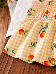 SHEIN Vintaside Kids 女嬰夏季兩件套，黃橘格紋與橘色印花無袖上衣搭配同款長褲，清新田園風，適合海邊度假、公園出遊、日常穿著、舞蹈日穿搭 - 黃色 - 查看 7