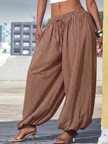Denimoi Fashionable Retro Plaid Loose Casual Streetwear Cuffed Ankle Women's Long Pants - Multicolor - View 3