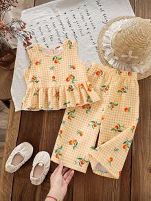 SHEIN Vintaside Kids 2件組女嬰橘黃色圓領無袖背心上衣 荷葉邊娃娃領鈕扣前襟蝴蝶結裝飾上衣 彈性腰長褲套裝 春夏秋季新款 舒適可愛甜美 適合居家與外出 - 黃色 - 查看 6