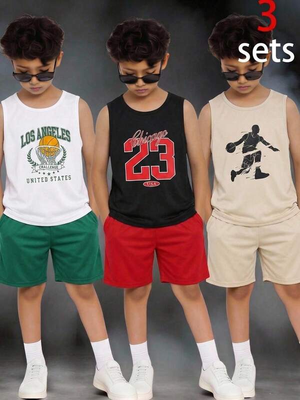 SHEIN 6pcs/Set Tween Boys' White Summer Casual Graphic Streetwear Vacation Loose Letter Round Neck Short Sleeve Tank Top And Shorts Set For School Sports