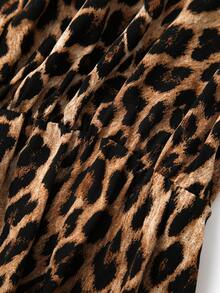 Elenzga Plus Size Women's Summer Elegant Casual Vintage Leopard Print Lapel Long Sleeve Elastic Waist Long Brown Casual Dress - Brown - View 7