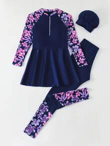 SHEIN 青少年女孩吊帶比基尼上衣長袖花卉印花上衣附拉鍊，黑色純色下擺裙與黑色長褲 - 紫色 - 查看 3