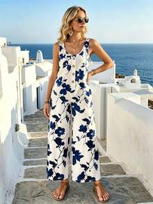Hotletica Women's Elegant Floral Print Button Front Jumpsuit, Summer - Multicolor - View 5