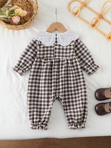 SHEIN Vintaside Kids 女嬰格紋領長袖可愛連身衣 春秋款摩卡色格紋套裝 幼童復古風附蝴蝶結棕色套裝 - 彩色 - 查看 3