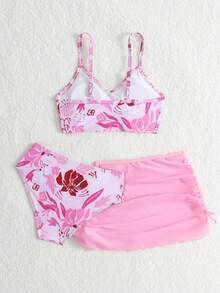 SHEIN 粉色花卉印花 & 粉色薄紗裙 3 件組女孩泳衣套裝，適合夏季海灘度假、假日、游泳、派對、泳池 - 彩色 - 查看 2