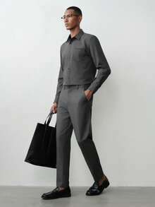MENRIVO Pantalones de traje formales de pierna recta con bolsillos y cinturón de cintura de unicolor para hombres (Irregularidades), Ceremonia - Gris Oscuro - Ver 2