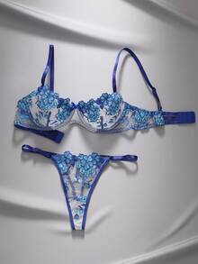 EmpressEnvy Women's Floral Embroidery Bra & Panty Underwear Lingerie Set - Blue - View 3
