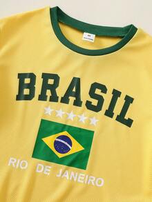 SHEIN 2pcs Kids Young Boy Summer Casual Sports Football Set Brazil Jersey Yellow Top Blue Shorts World Cup Boys Soccer Uniform Sports Outfit - Multicolor - View 6