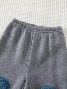 Cozy Pixies 男嬰卡通動物小狗圖案 3D 耳朵保暖內裡加厚撞色圓領長袖套頭運動衫與彈性腰縮口膝蓋補丁長褲 2 件套，適合室內、戶外休閒、滑雪、返校、日常、運動、玩耍、派對 - 彩色 - 查看 6