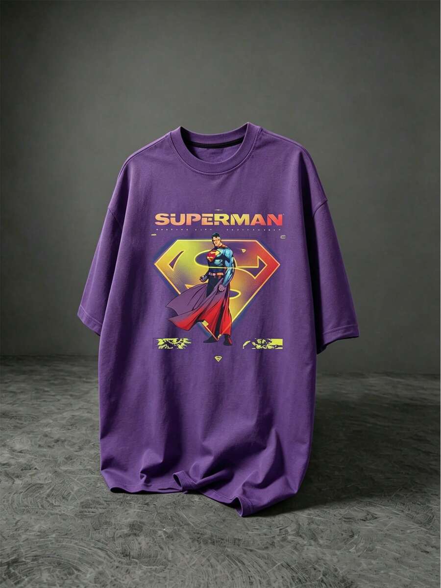 SUPERMAN X SHEIN 男士字母印花短袖寬鬆運動T恤,健身房適用 - 紫色 - 查看 1